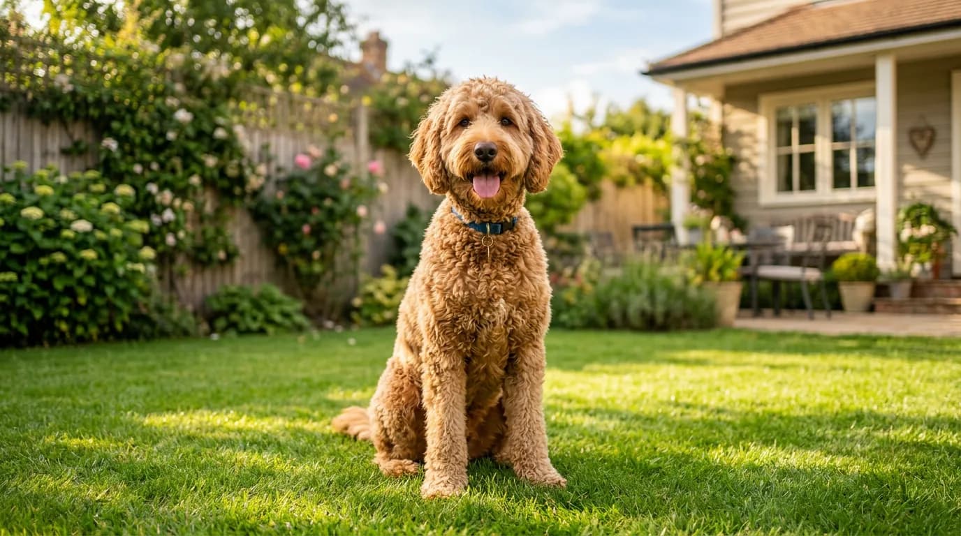 An apricot standard Labradoodle sitting on green grass in a sunny backyard with a happy open-mouth expression