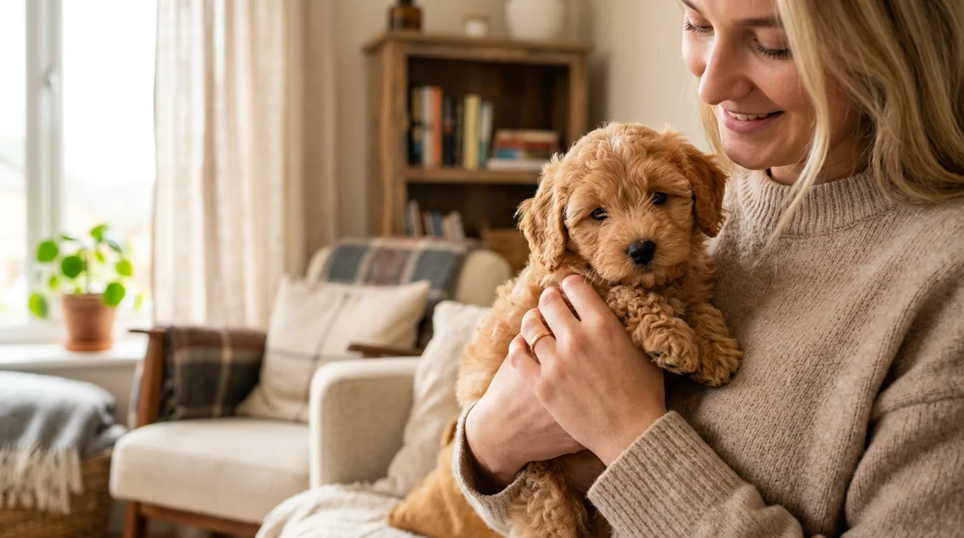A woman gently holding a small apricot Labradoodle puppy against her chest in a cozy living room