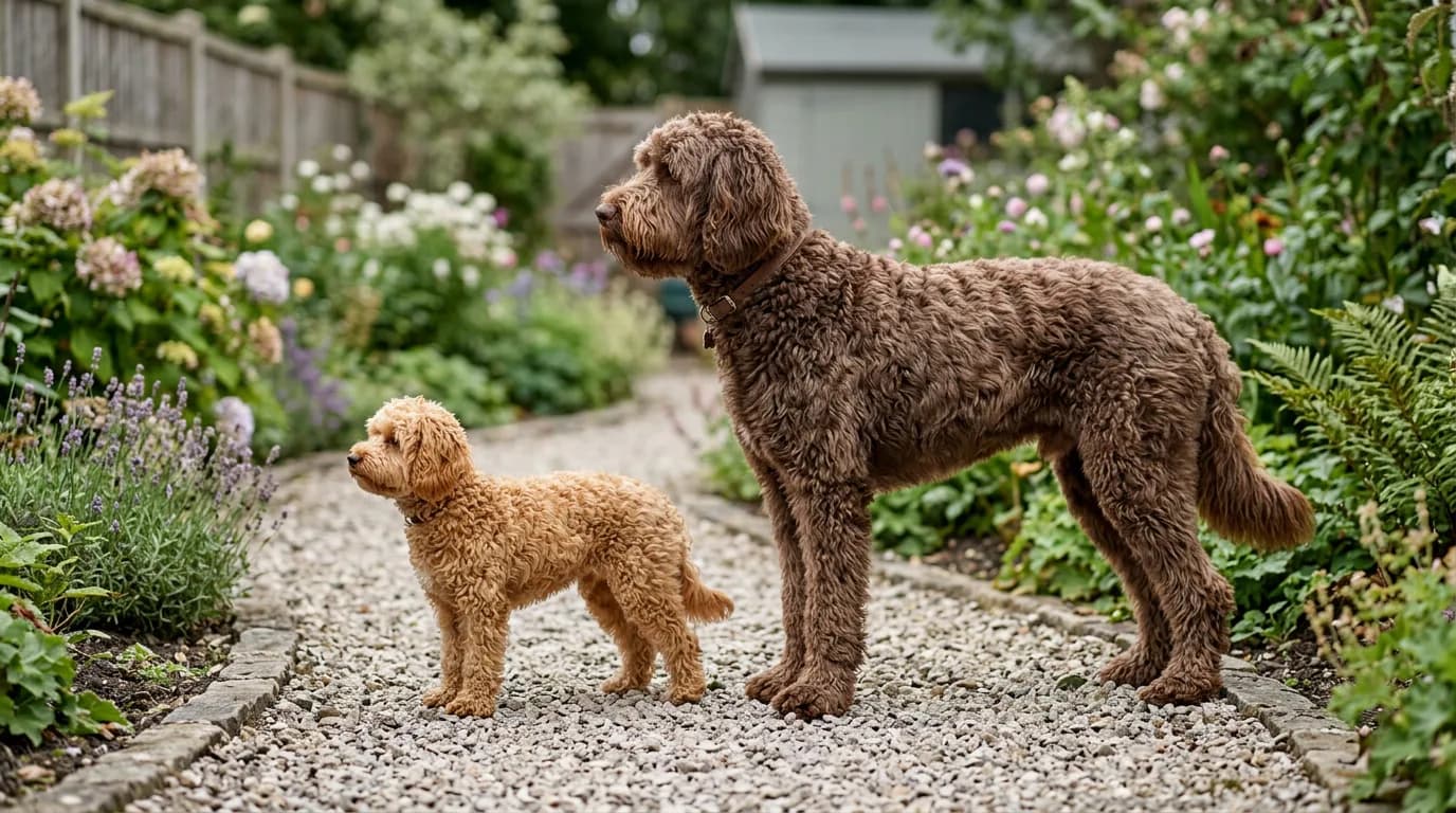 A small apricot miniature Labradoodle standing beside a large chocolate standard Labradoodle on a garden path