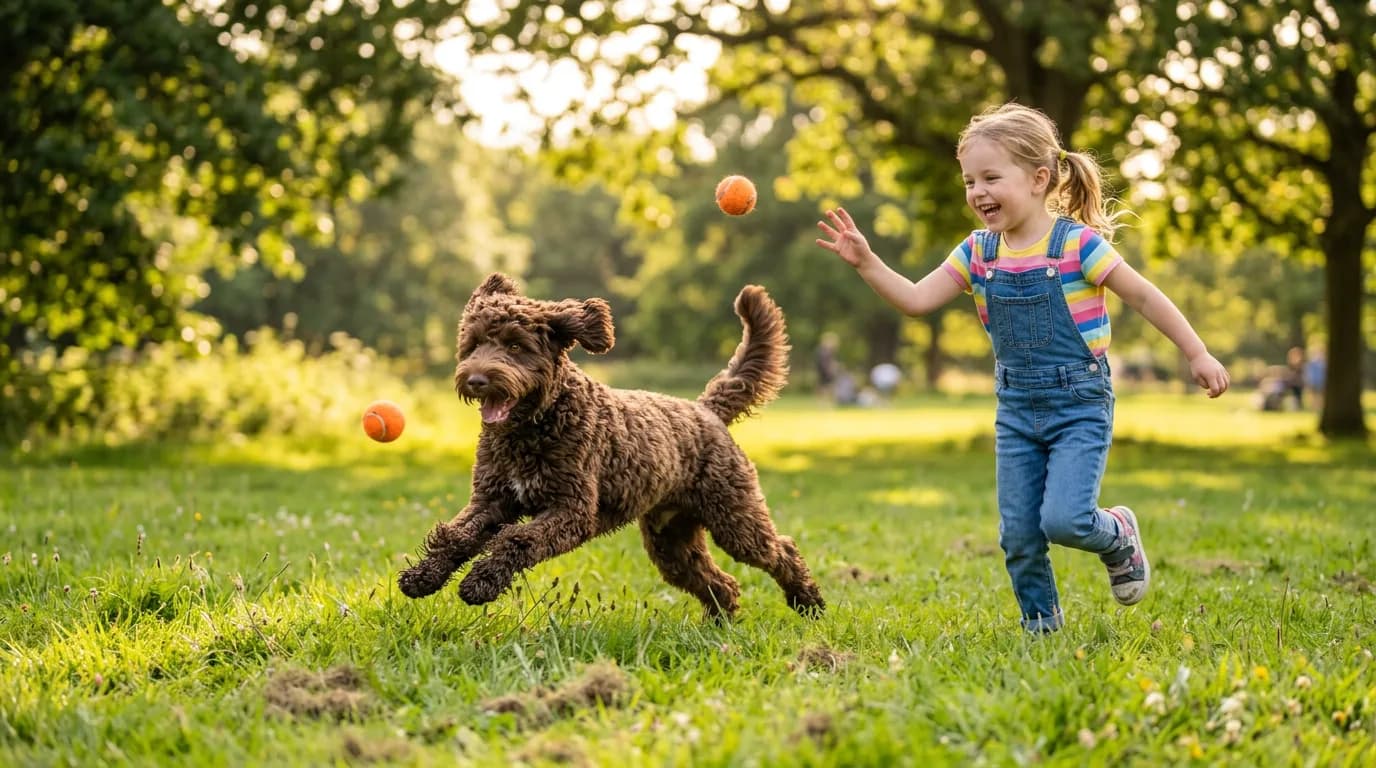 A chocolate Labradoodle running to catch a ball while a smiling young child plays in a sunny green park