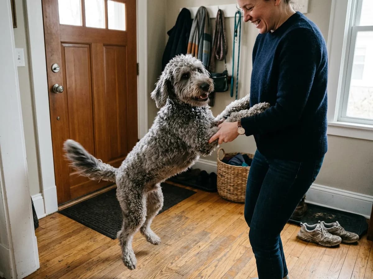 A silver-grey adolescent Labradoodle jumping up with both front paws on its owner in a home entryway, a common untrained over-excited greeting behavior.