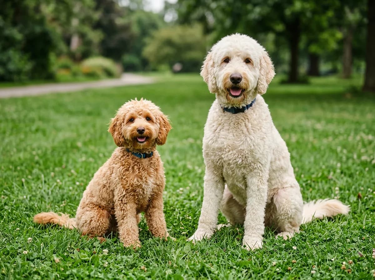 A small apricot mini Labradoodle sitting on the grass next to a large cream standard Labradoodle, showing the size contrast between the varieties.