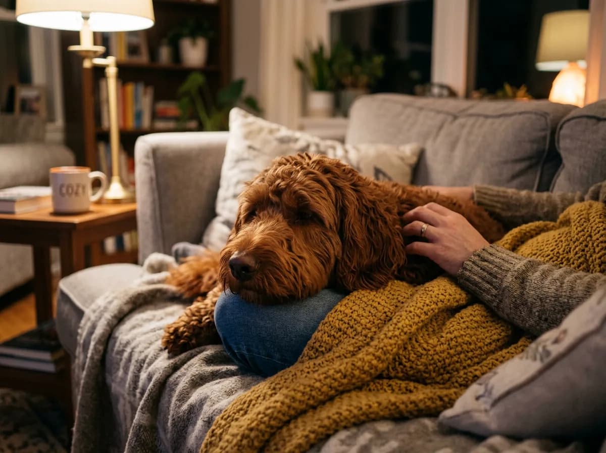 A red-coated adult Labradoodle cuddled on a couch with its head resting on its owner's lap under a knitted blanket in warm evening lamp light, showing the breed's affectionate nature.