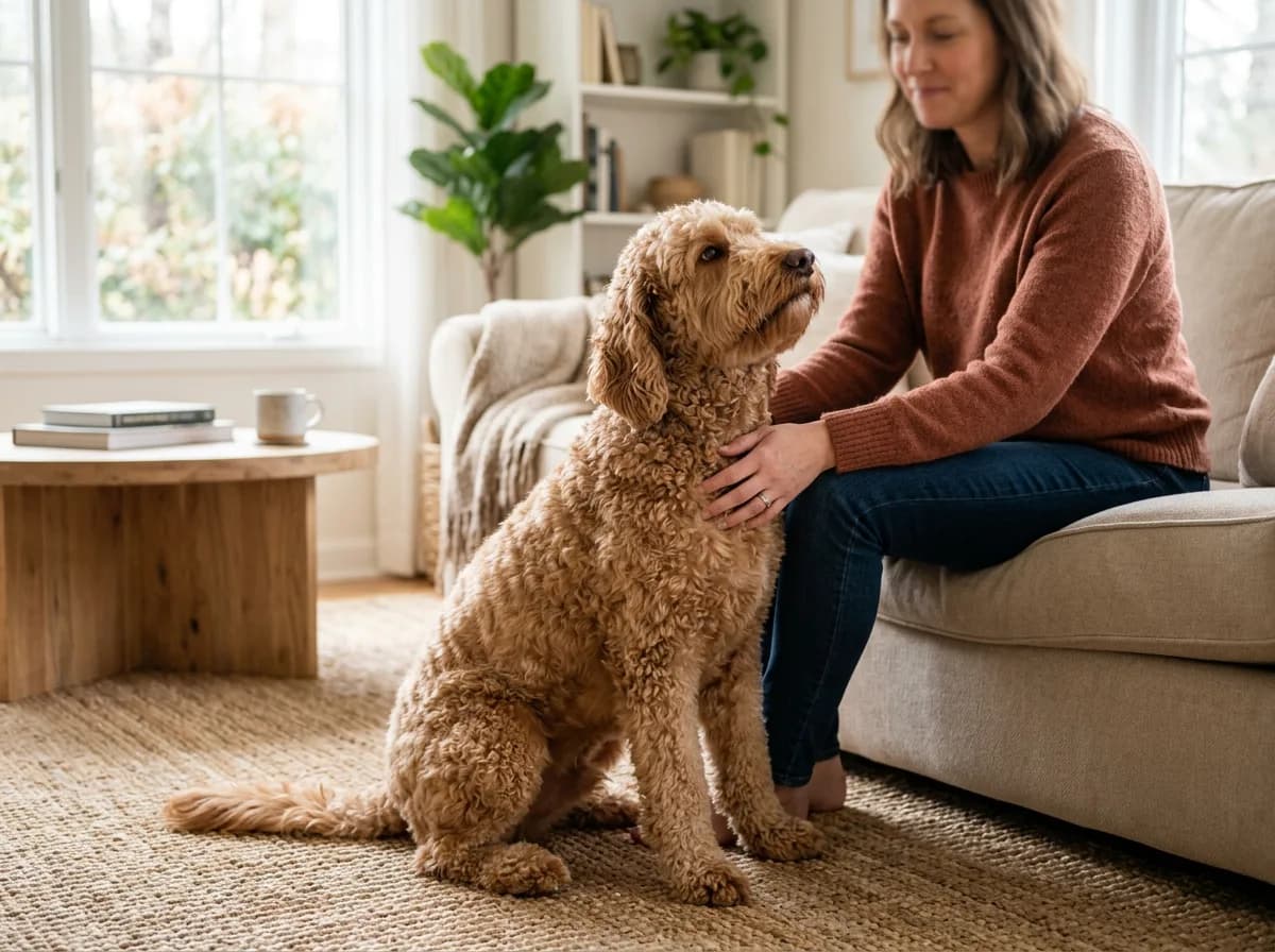A caramel-coated adult Labradoodle sitting calmly on a living-room rug and leaning affectionately against its seated owner in soft morning light.