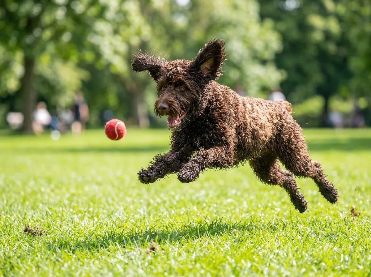 A chocolate curly-coated Labradoodle leaping across a sunny grassy park to chase a ball, showing the high energy and daily exercise demand behind the breed's downsides.