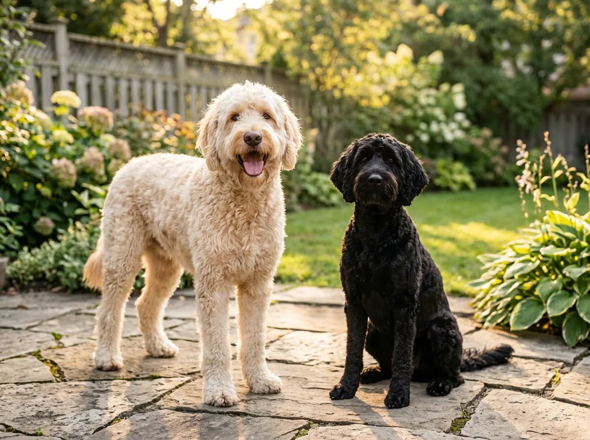 A larger cream male Labradoodle standing beside a smaller sleek black female Labradoodle on a garden patio at golden hour, illustrating sex-based size and temperament differences.
