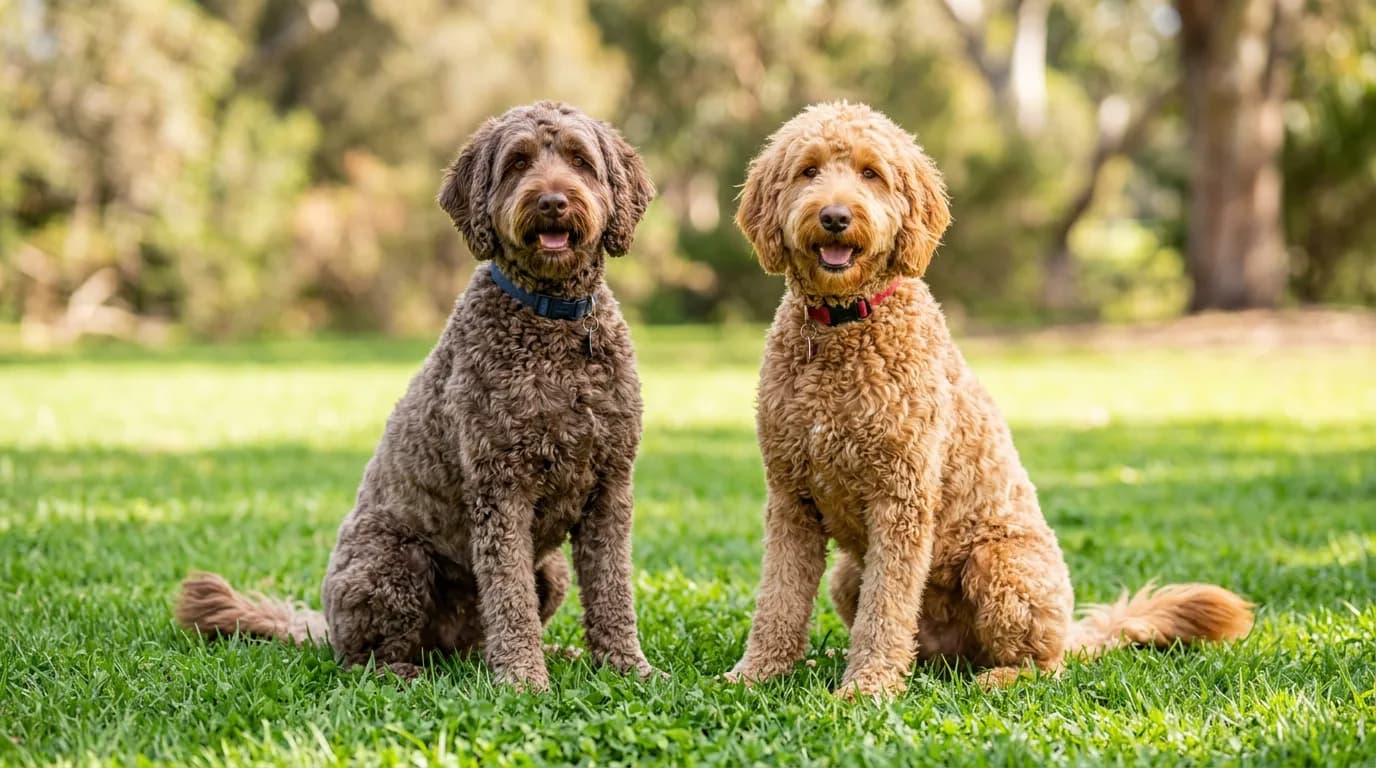 A Labradoodle and a Goldendoodle sitting side by side on green grass in a park to compare their coats