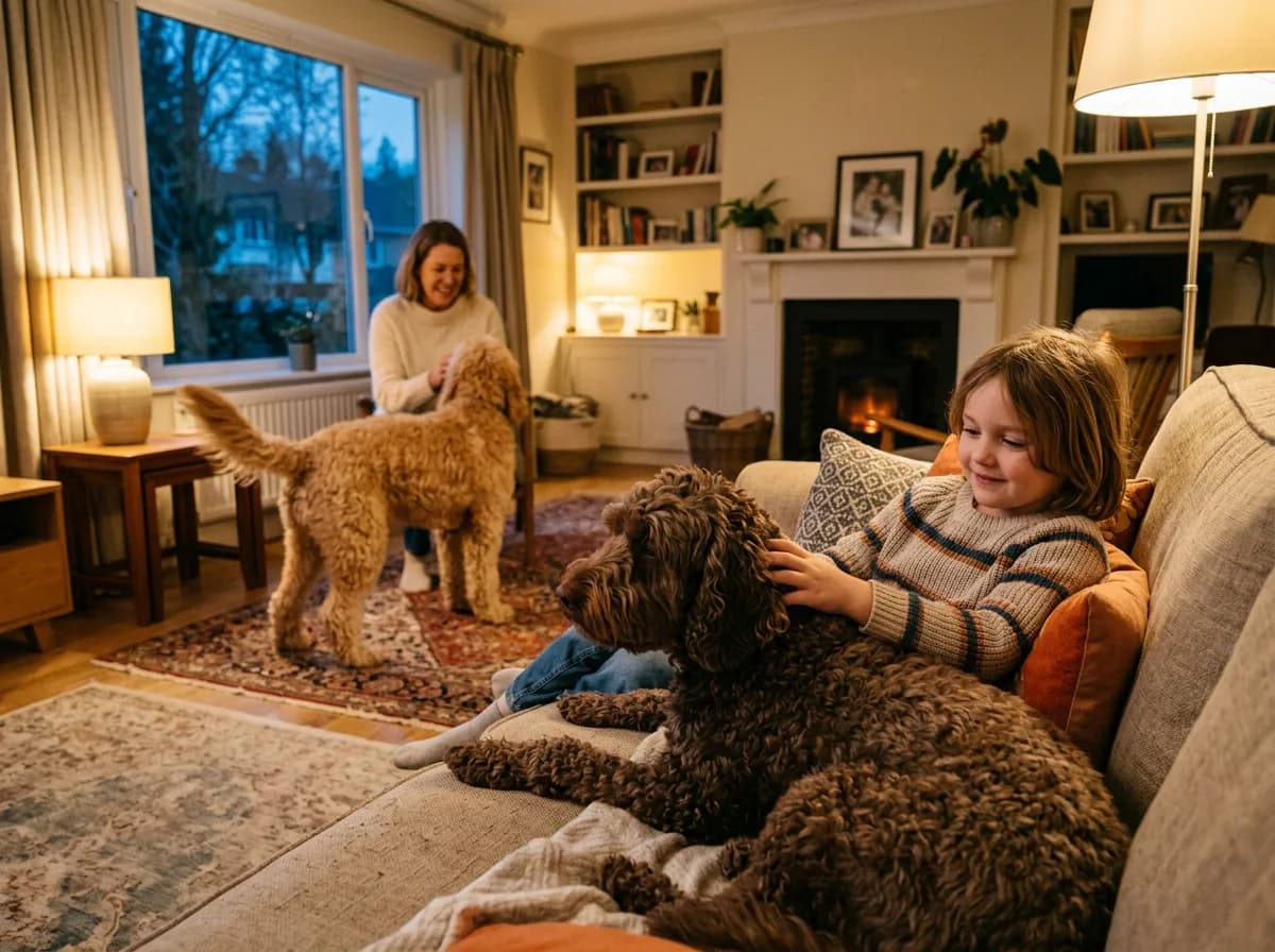 A calm chocolate Labradoodle resting on the sofa beside a child petting it while an apricot Goldendoodle greets another family member in a cozy, warmly lit living room.