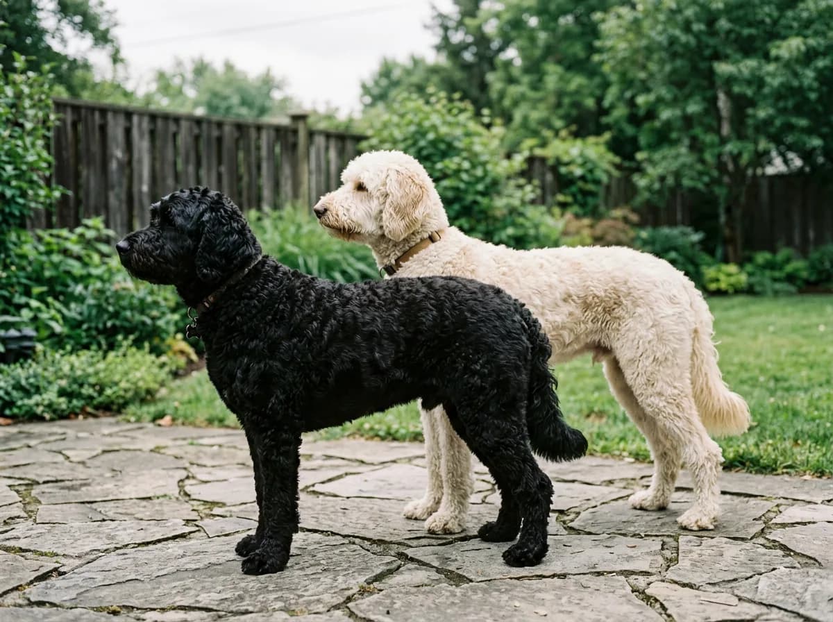 A stocky black Standard Labradoodle and a leggier cream Standard Goldendoodle standing in full side profile on a backyard patio so their height and build can be compared.