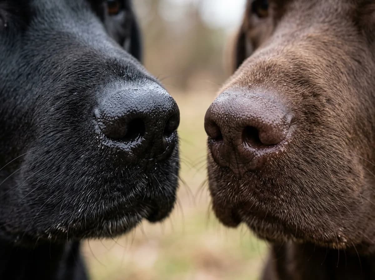 close-up comparison of a black Labrador nose and a chocolate Labrador brown nose side by side