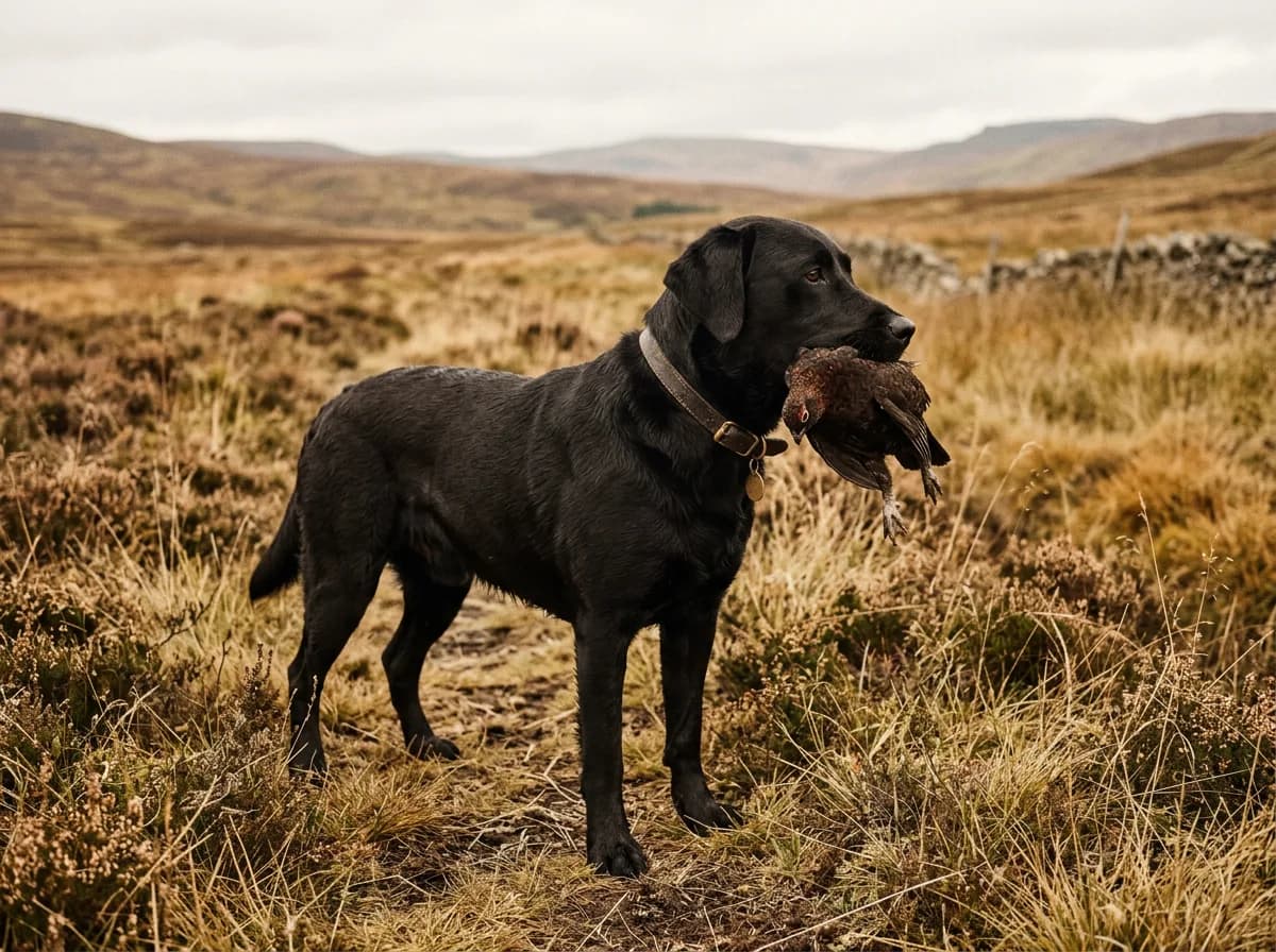 vintage-style photo of a classic black Labrador Retriever in a field setting evoking the breed's hunting heritage