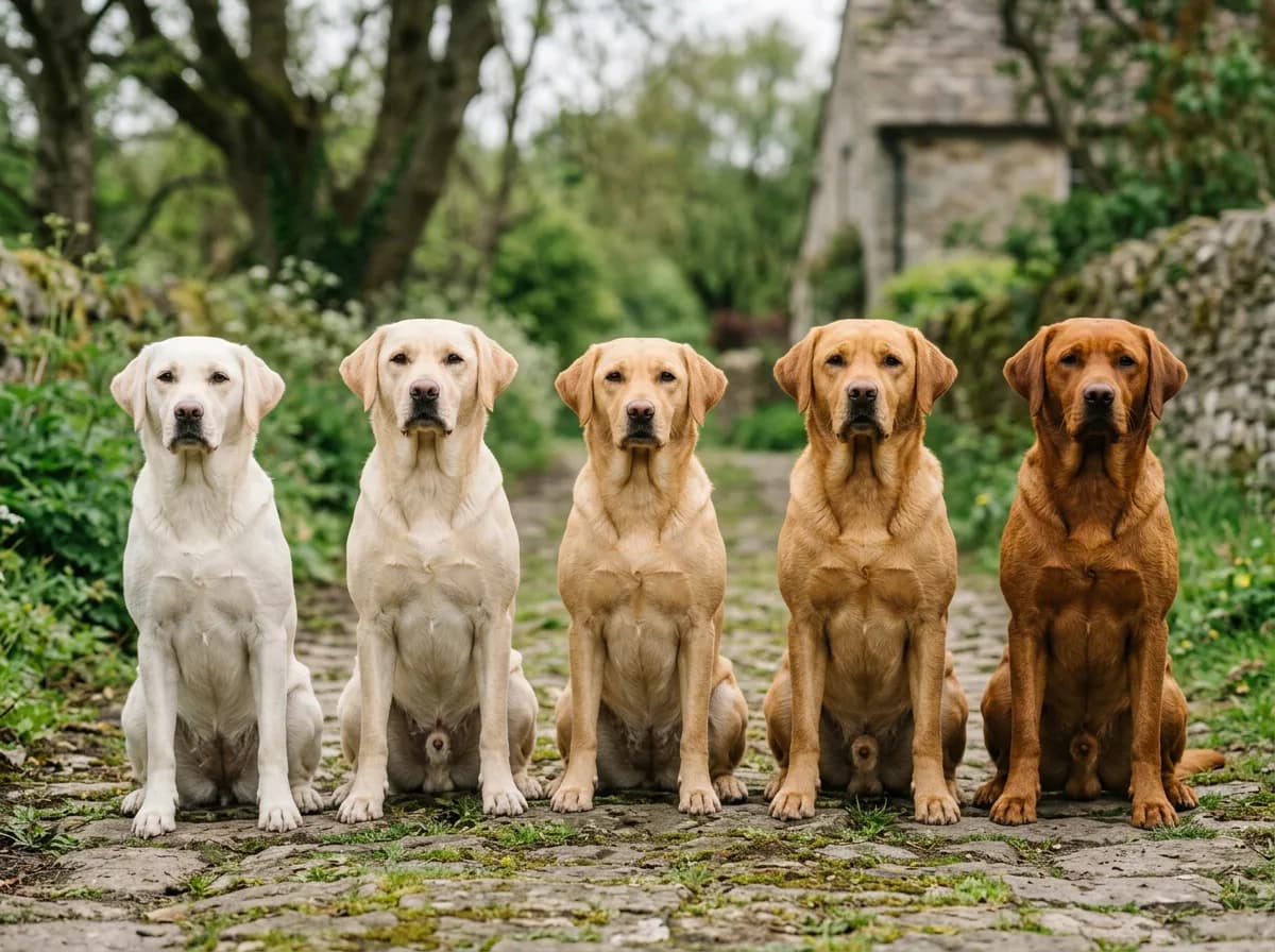 five yellow Labradors arranged from palest cream to deep fox red showing the full yellow shade spectrum
