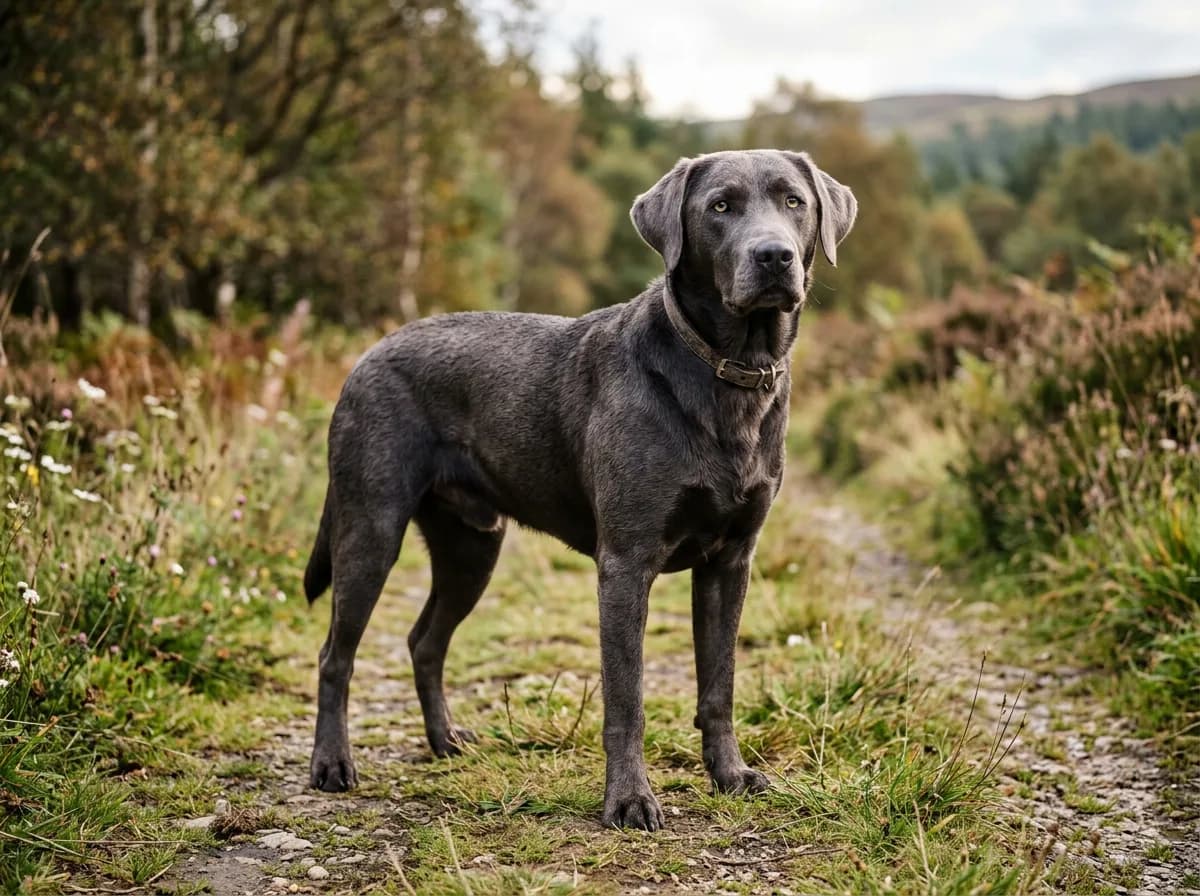 smoky slate-gray charcoal Labrador Retriever standing outdoors, showing the diluted black coat and pale eyes