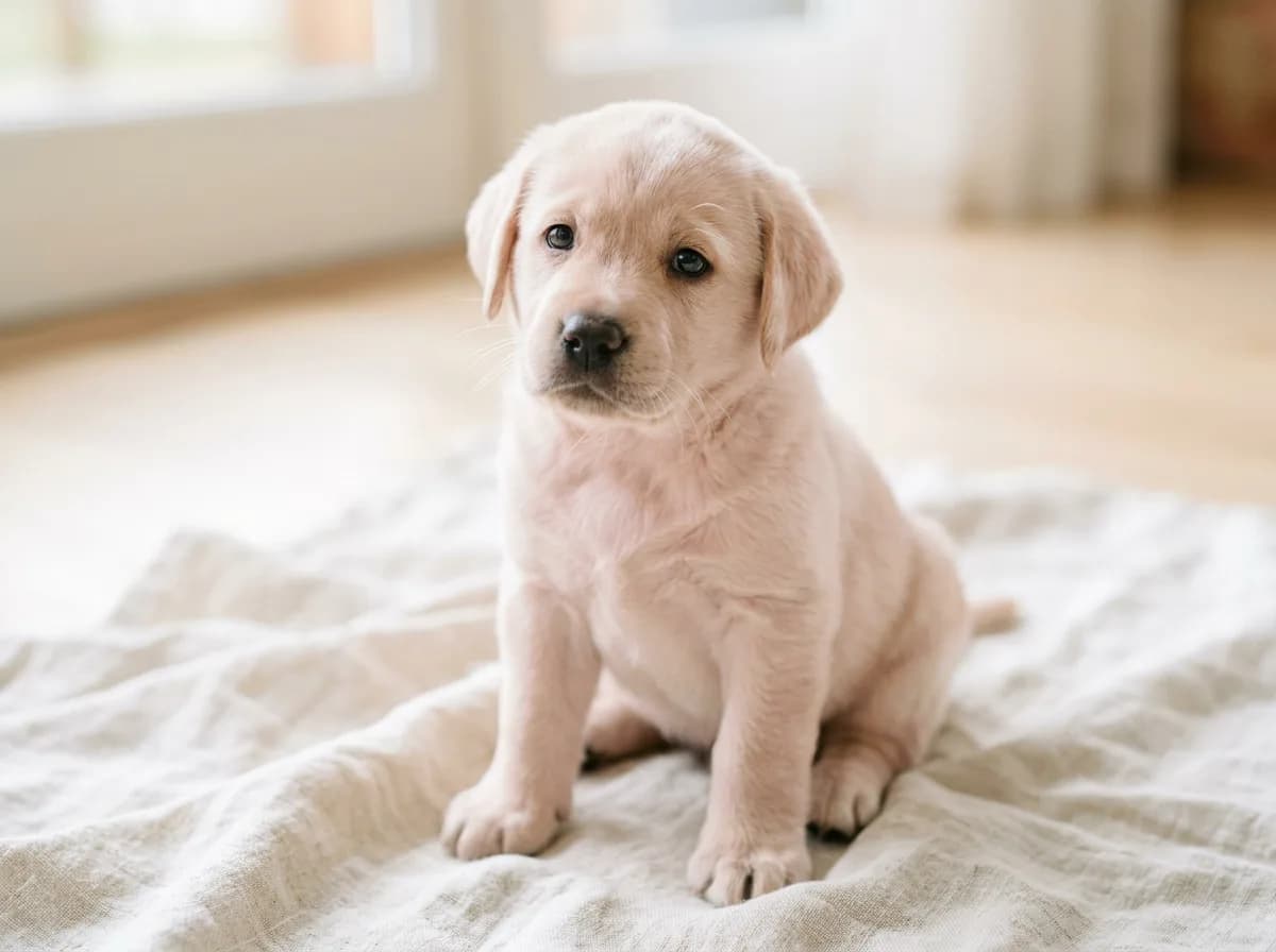 very pale pinkish-cream champagne Labrador Retriever puppy sitting on a light background