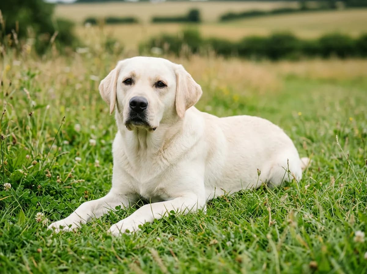near-white pale cream Labrador Retriever with a black nose lying on grass, a very light standard yellow