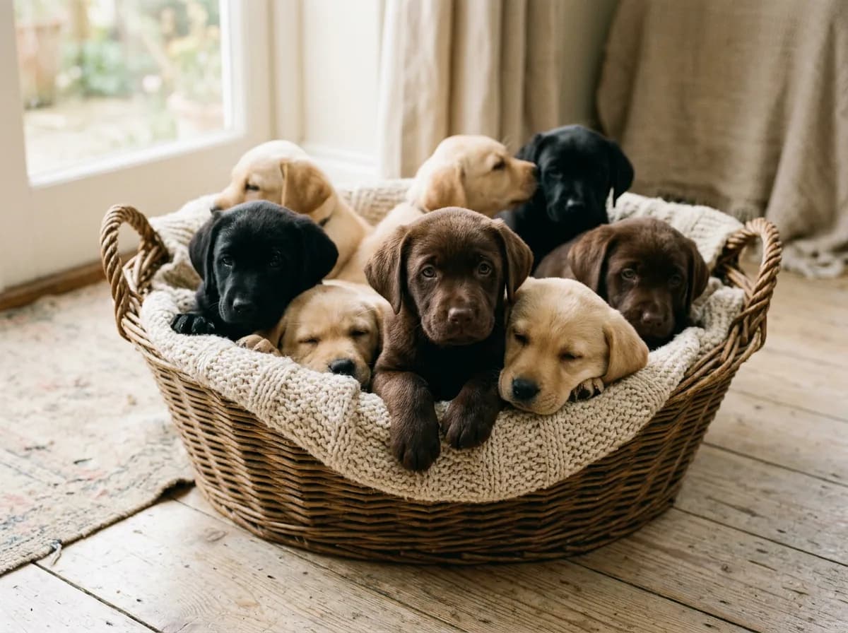 a litter of mixed-color Labrador puppies including black, yellow, and chocolate together in a basket