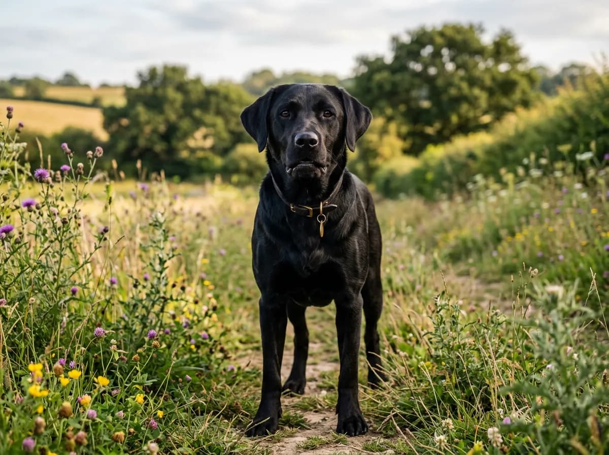 glossy black Labrador Retriever standing in a field with a dark coat and dark eyes, front-facing