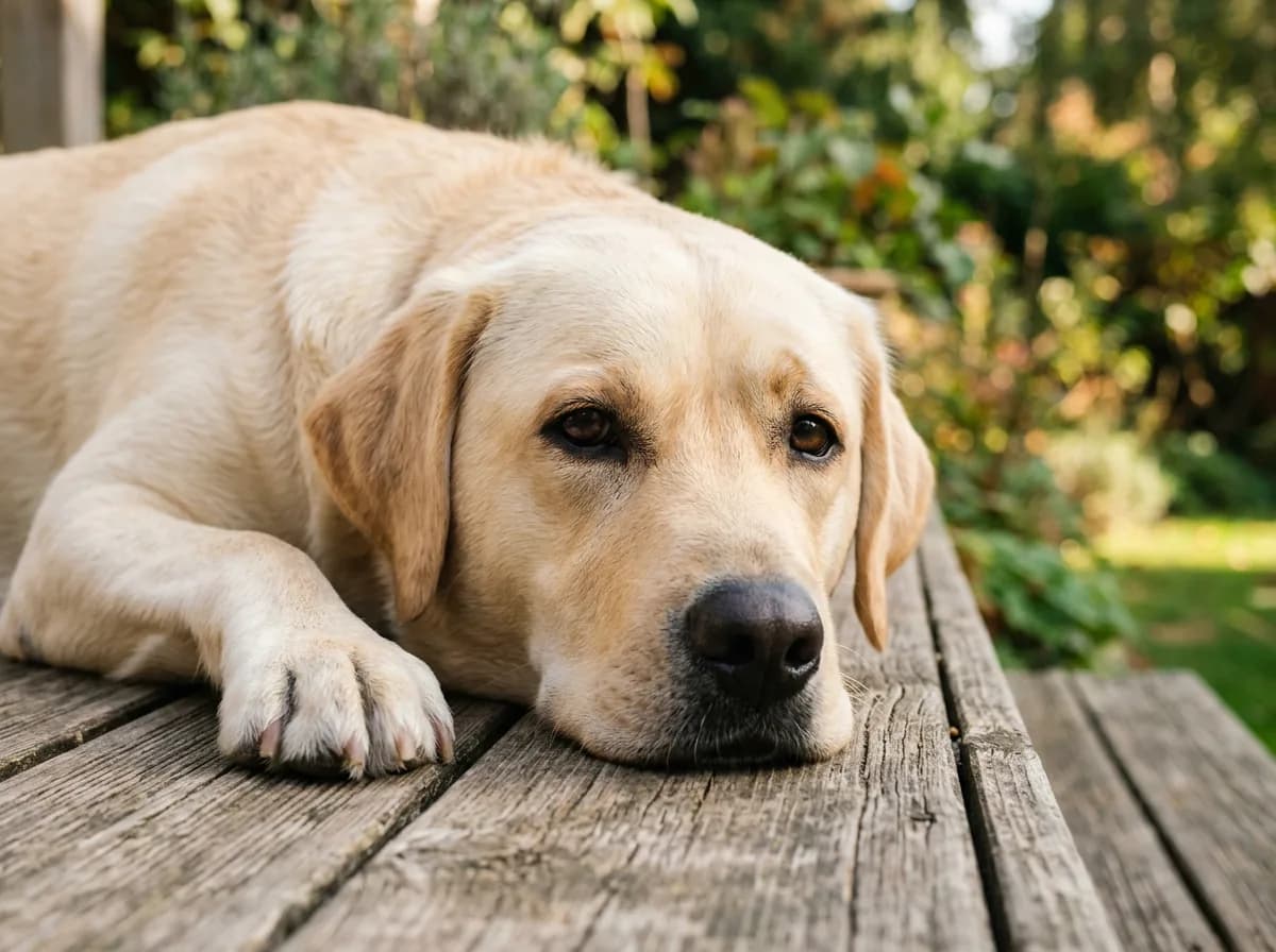 pale golden yellow Labrador Retriever lying on a wooden deck with a black nose, close-up of the head and shoulders