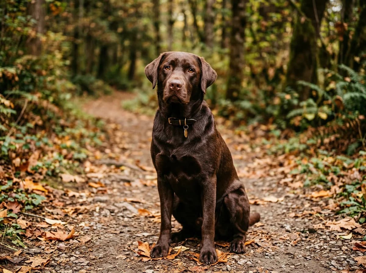 deep brown chocolate Labrador Retriever sitting on a trail, showing a brown nose and amber eyes