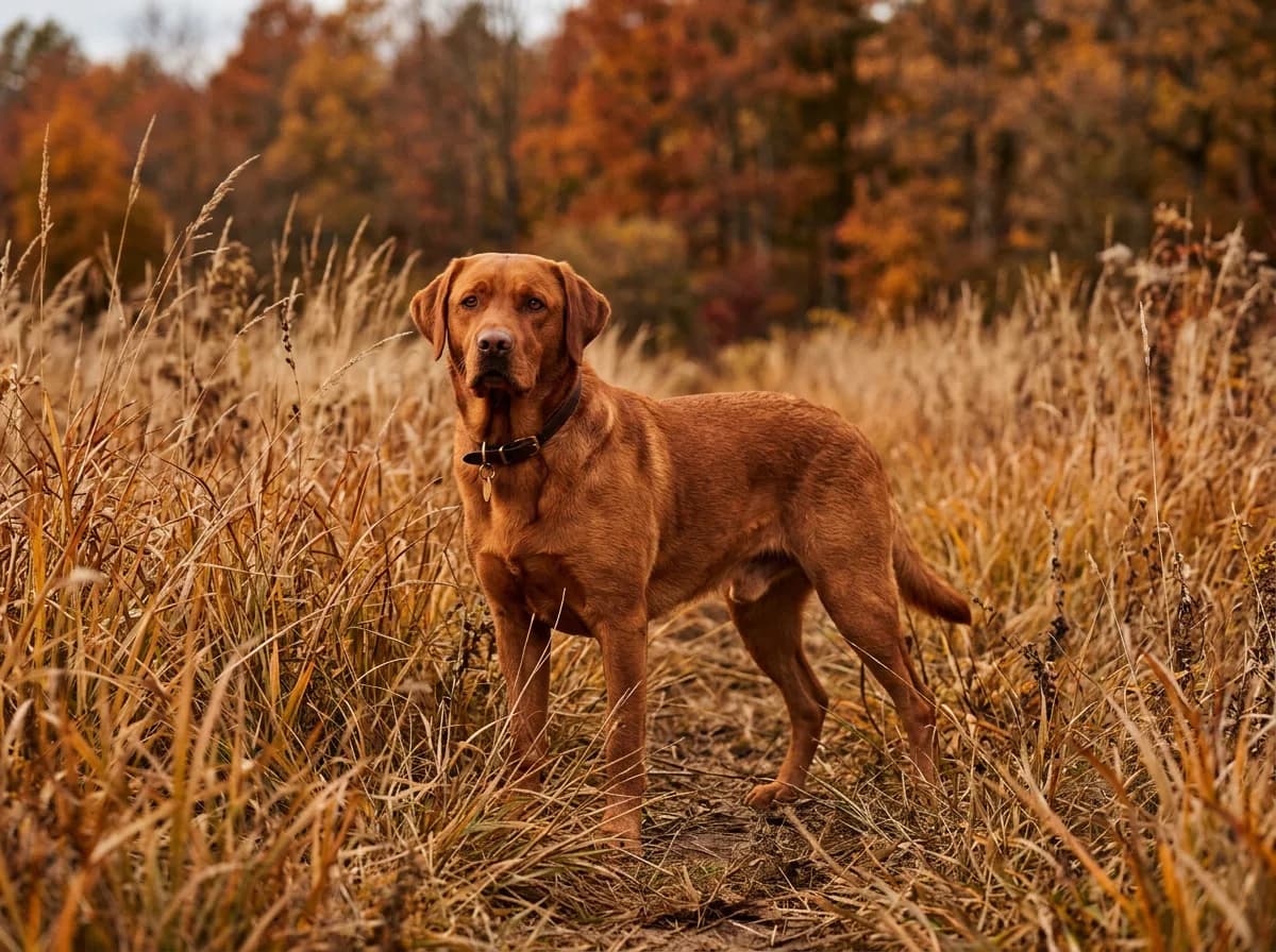 deep rust-colored fox red Labrador Retriever standing in tall autumn grass, rich mahogany coat
