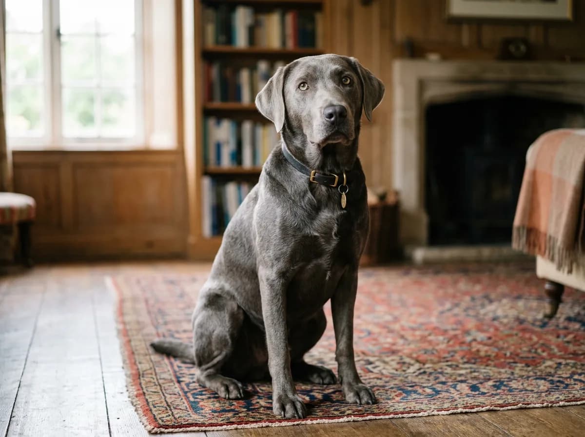 gray gunmetal silver Labrador Retriever sitting indoors, showing the diluted coat and light eyes