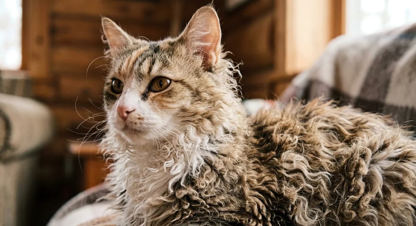 Close-up of a LaPerm cat's curly coat showing tight corkscrew ringlets on the throat and chest, springy loose curls along the back, and distinctly curly whiskers fanning out from the muzzle