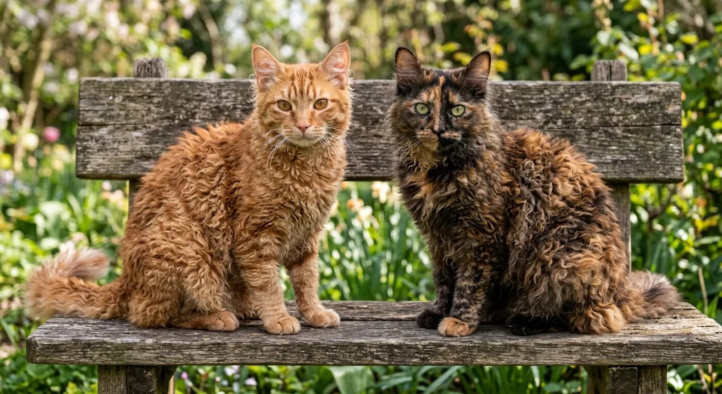 Two LaPerm cats side by side showing color variety, a red tabby curly LaPerm and a tortoiseshell curly LaPerm, both with springy ringlets, curly whiskers and large tufted ears, on a rustic wooden bench