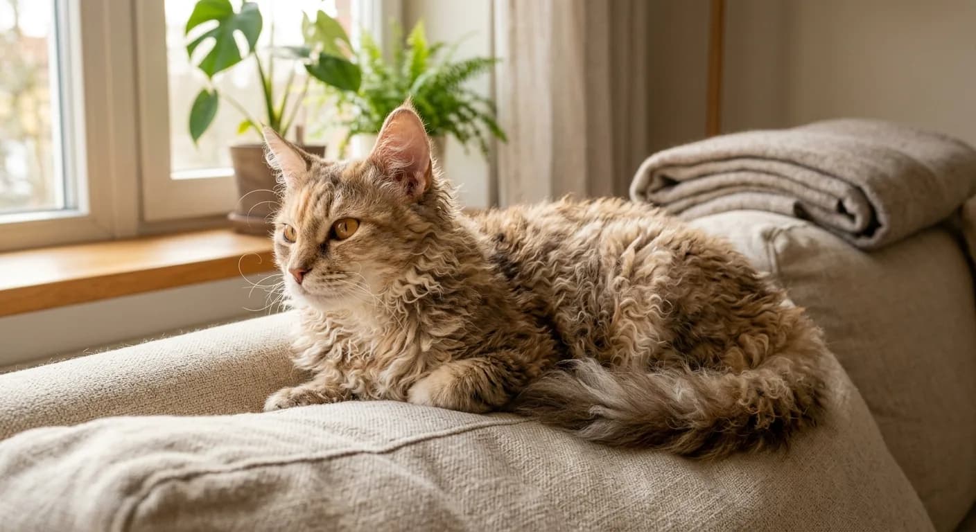 A medium LaPerm cat with a soft curly coat of loose ringlets and corkscrew curls, curliest on the throat and belly, curly whiskers, a rounded-wedge head and large tufted ears, lounging on a linen sofa in warm window light