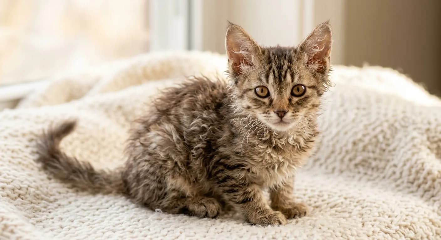 A young LaPerm kitten with a sparse, just-emerging wavy coat and faint curls beginning on the ears and throat, oversized tufted ears and curly whiskers, sitting on a soft cream blanket
