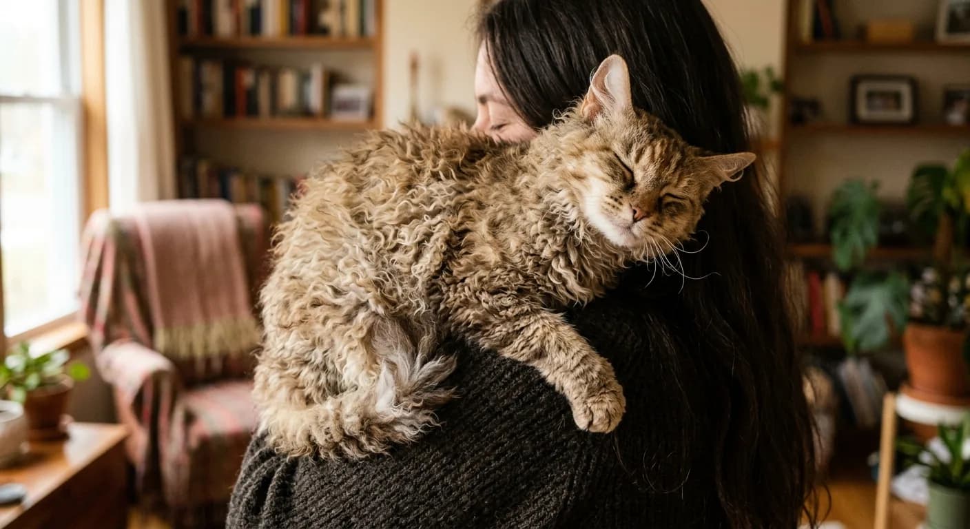 A curly-coated LaPerm cat perched contentedly on a person's shoulder, soft ringlets and curly whiskers visible, rubbing its rounded-wedge head against their cheek in a cozy living room