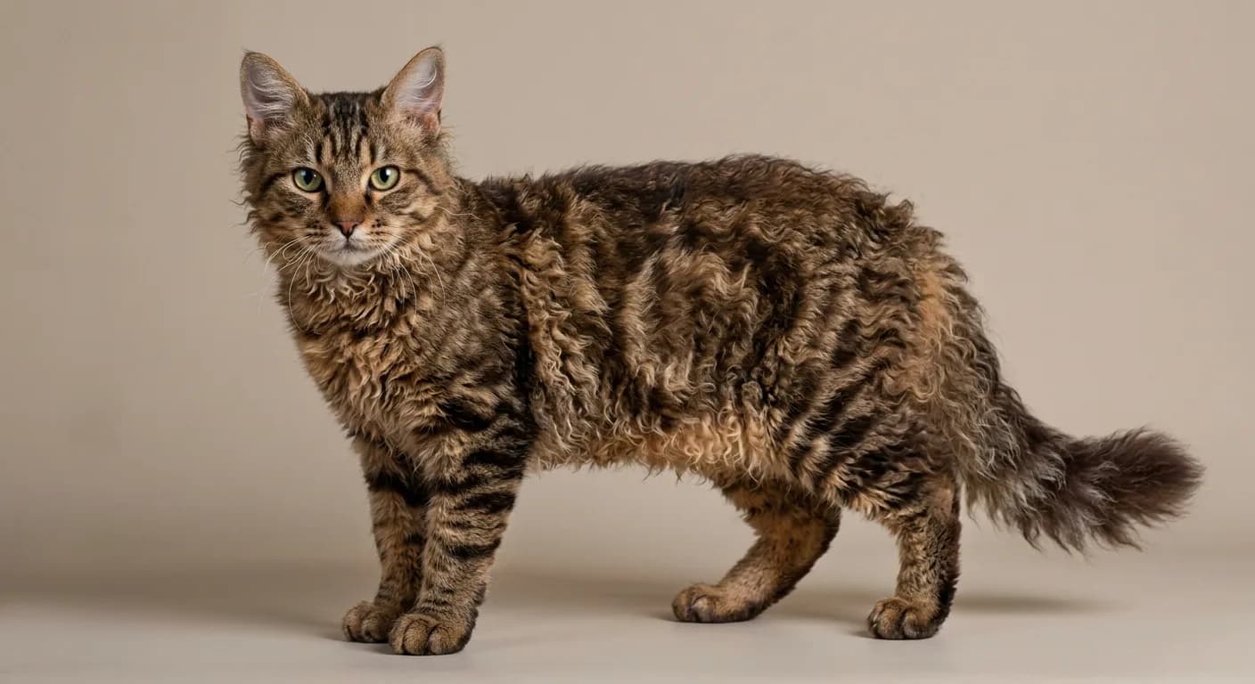 A brown classic tabby LaPerm with bold dark swirl markings on a warm brown coat of loose ringlets, curliest curls on the belly and behind the ears, curly whiskers, a plumed curly tail, green eyes, rounded-wedge head and large tufted ears, standing on a plain backdrop