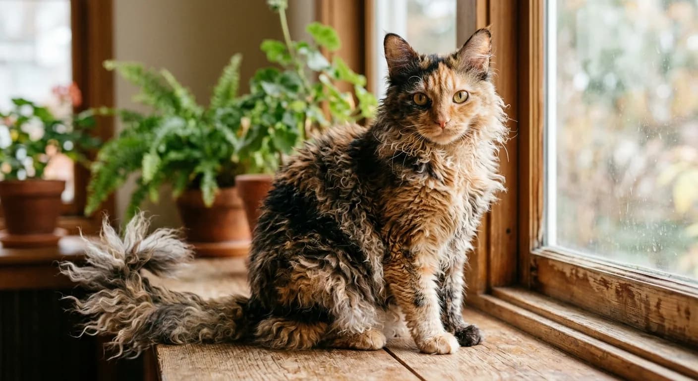 A longhair calico LaPerm with large patches of black, red and white in soft long ringlets, a full plumed curly tail and curly ruff, curly whiskers, gold eyes, rounded-wedge head and large flared tufted ears, sitting upright in good light