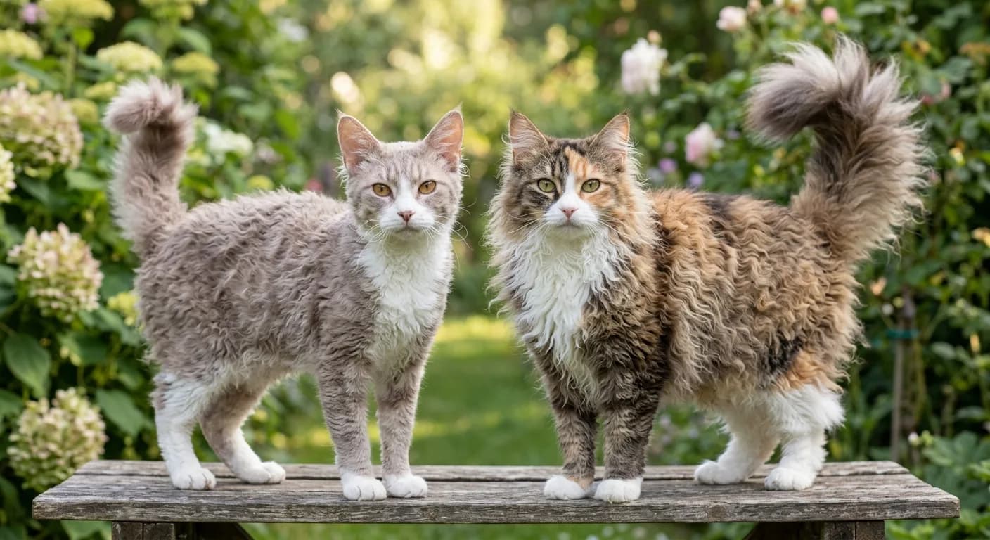 Two LaPerm cats side by side, on the left a shorthair with short crisp waves standing away from the body and a bottlebrush tail, on the right a longhair with soft long ringlets and a full plumed curly tail, both with curly whiskers and large tufted ears
