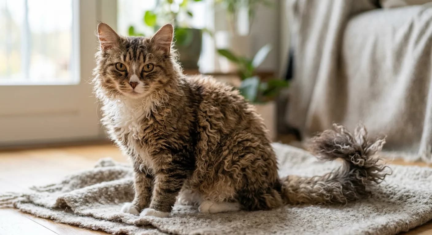 A medium LaPerm cat with a distinctive curly soft coat of loose ringlets and springy corkscrew curls, curliest on the belly and throat, with curly whiskers, a plumed curly tail, a rounded-wedge head, and medium-large flared tufted ears, sitting calmly on a neutral background