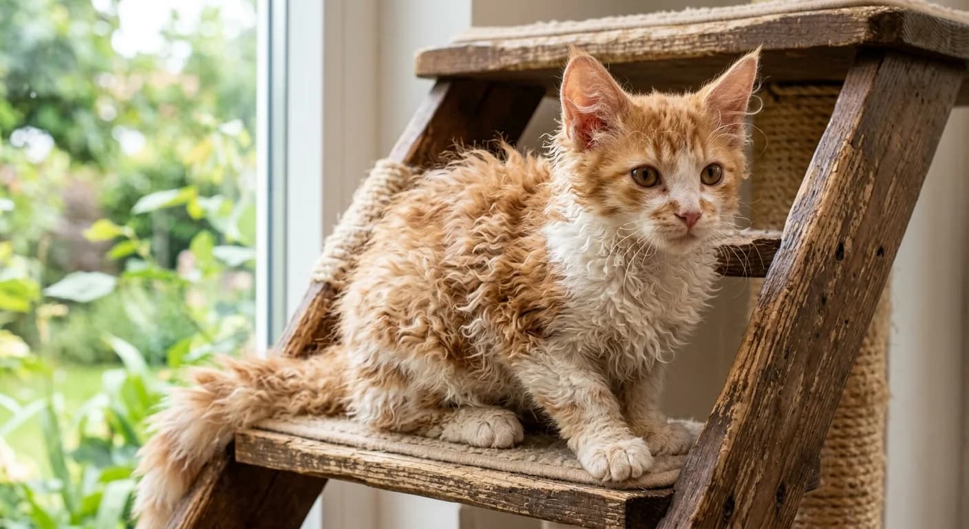 A young red and white LaPerm kitten with springy hand-permed curls along its ears and throat, curly whiskers, a rounded-wedge head, and large tufted ears, perched on a wooden cat tree by a sunlit window