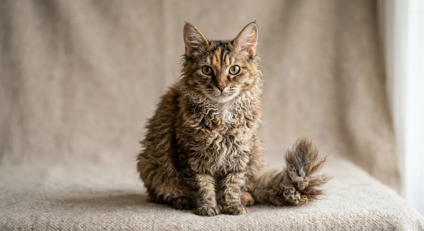 A medium LaPerm cat with a soft curly coat of loose ringlets and corkscrew curls across the throat and belly, curly whiskers, a plumed curly tail, and large flared tufted ears, sitting upright on a neutral studio background