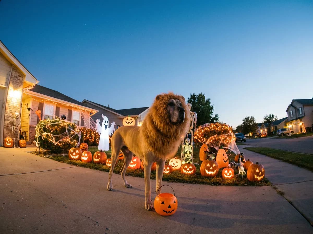 Great Dane wearing a lion mane costume in a driveway decorated with jack-o-lanterns and Halloween lights at dusk