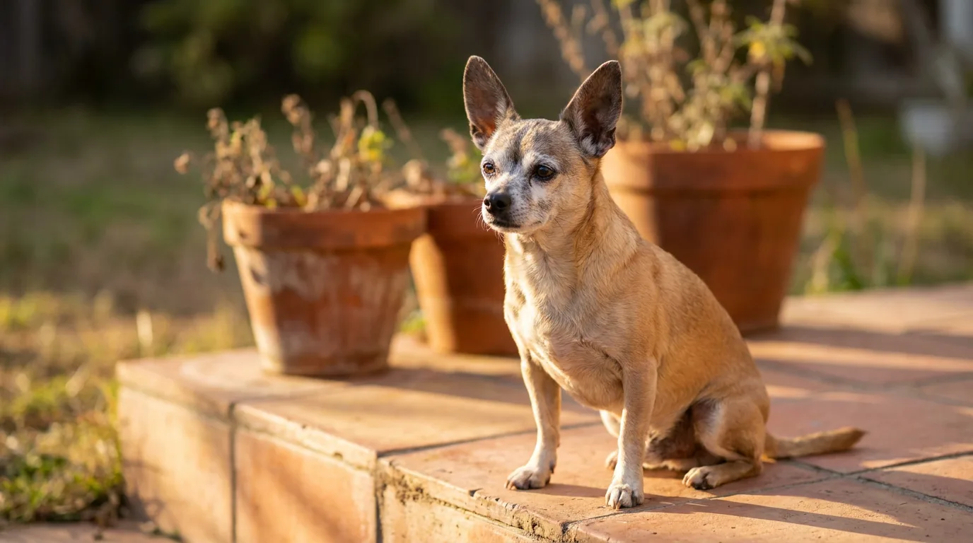 Senior tan smooth-coat Chihuahua with a grey muzzle sitting on a terracotta patio step between weathered clay pots in warm afternoon light