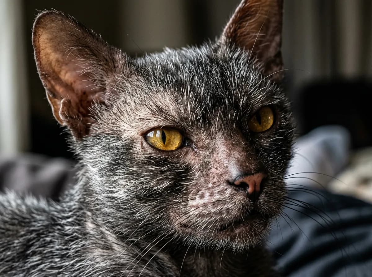 Close-up of a Lykoi cat face showing bald skin around the eyes and muzzle with a patchy roan coat behind, illustrating the werewolf look.