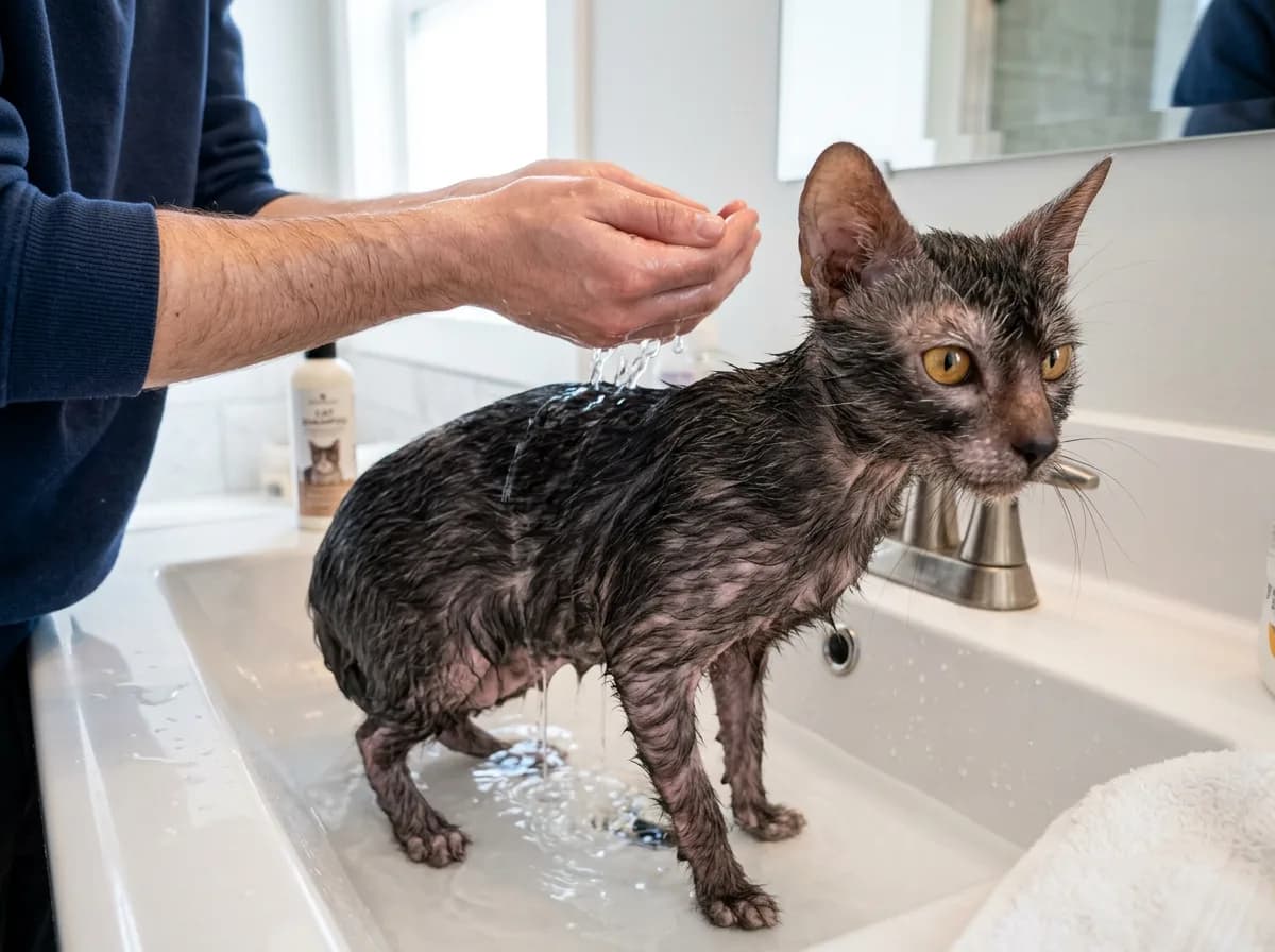 A Lykoi cat being gently bathed in a shallow sink, showing the breed's skin care and grooming routine.