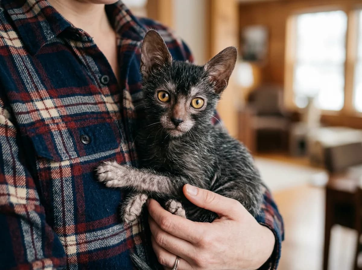 A Lykoi kitten with an early patchy roan coat being held against a person's torso with no face shown, illustrating finding a Lykoi from a breeder.