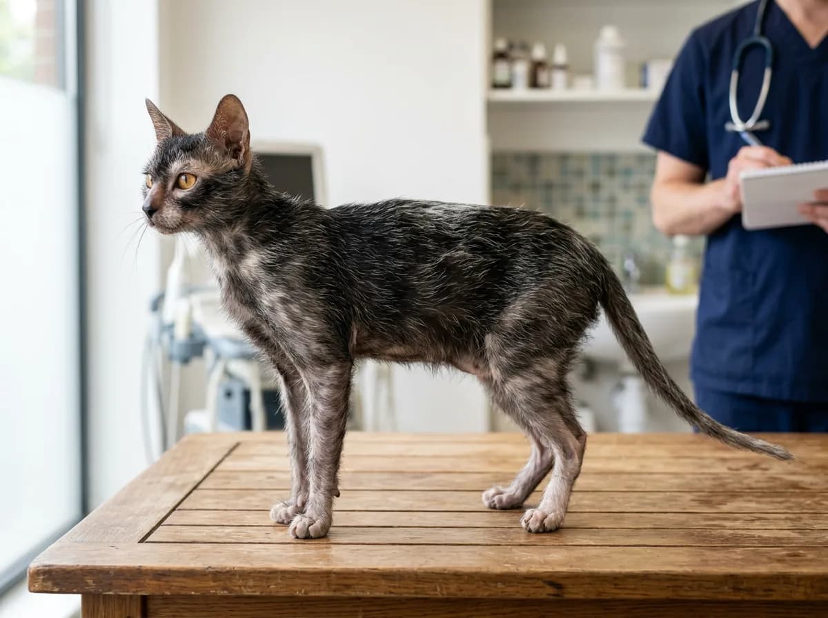 A young adult Lykoi cat standing in profile on a wooden table, showing the lean wiry body and large upright ears from a side angle.