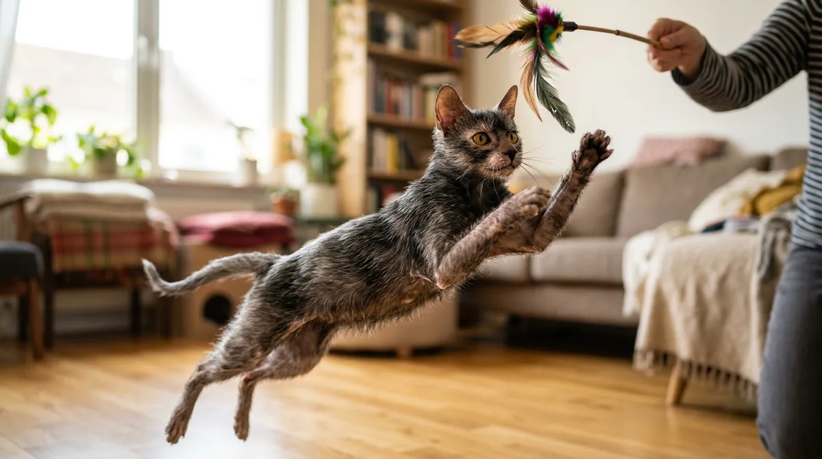 A Lykoi cat mid-play leaping toward a feather wand toy in a living room, capturing the breed's energetic temperament.
