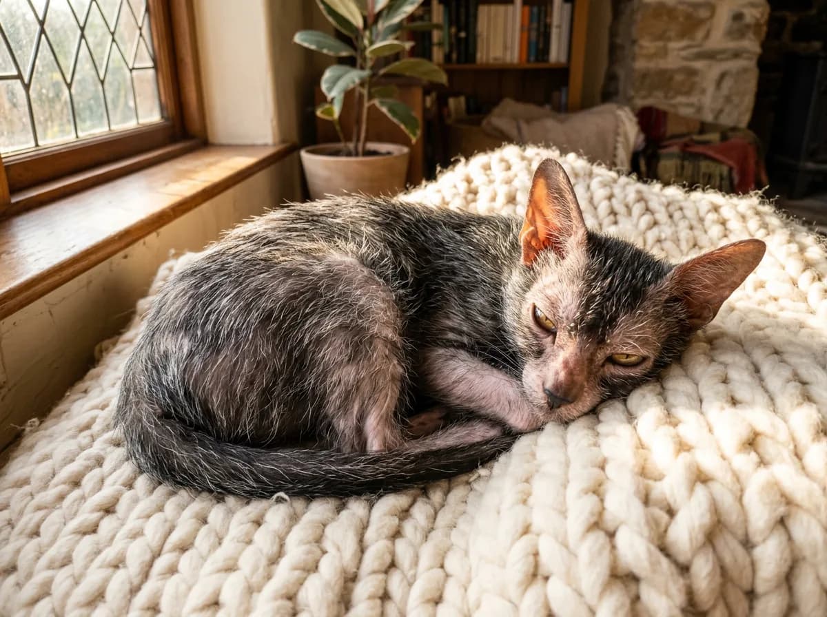 A healthy adult Lykoi cat curled comfortably on a soft warm blanket in a sunlit room, illustrating the breed's need for warmth.
