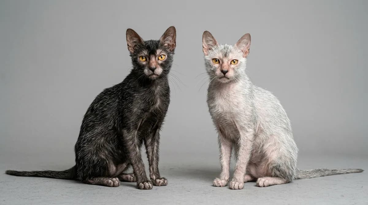 Two Lykoi cats with differing degrees of roan coat sitting together on a neutral studio backdrop, showing the range of coat color in the breed.