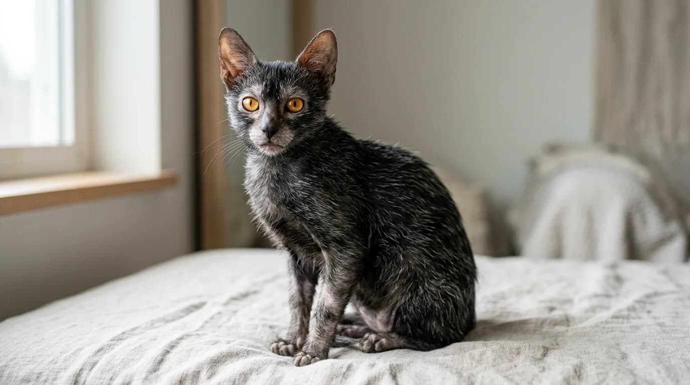 A black roan Lykoi cat sitting in soft window light with its salt-and-pepper coat and sparse hairless mask clearly visible.