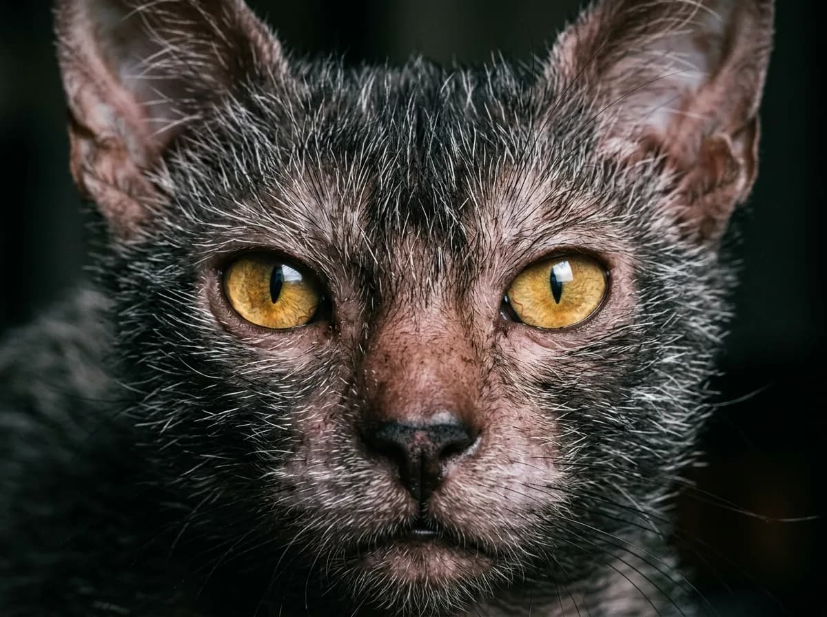 Close-up of a Lykoi cat face showing the sparse hairless mask around the eyes, nose and muzzle with roan fur on the head.