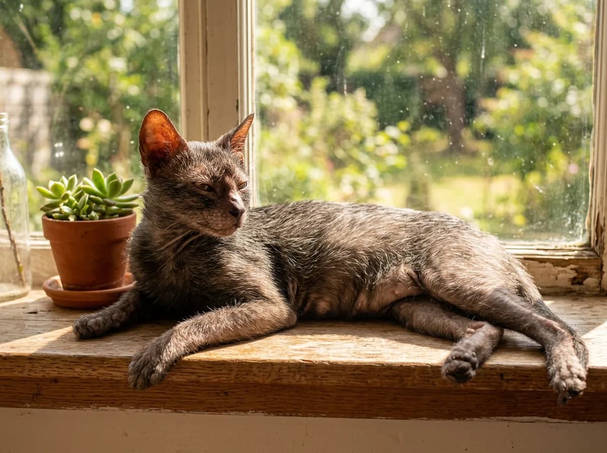 A black roan Lykoi lounging in a sunny window with the pink-to-darkened skin on its bald muzzle and ears catching the light.