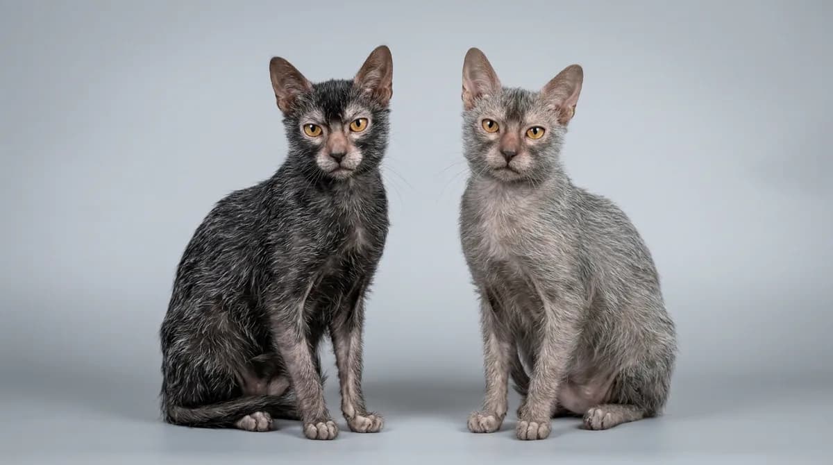Two Lykoi cats side by side, one a high-contrast black roan and one a softer blue roan, showing how base color changes the coat.
