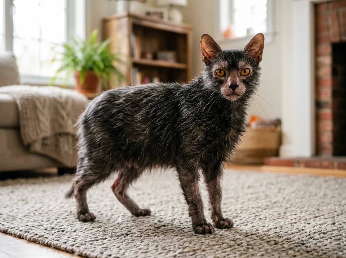 A semi-long-haired Lykoi cat with a shaggier roan coat standing upright, showing longer body fur with the typical sparse hairless face.
